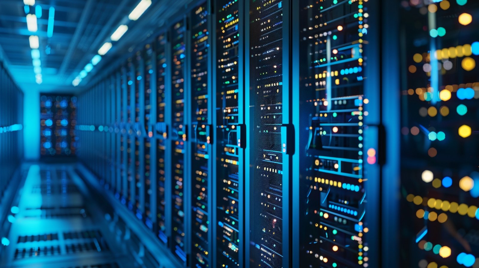 Rows of dedicated servers mining Bitcoin in a high-tech cryptocurrency farm.